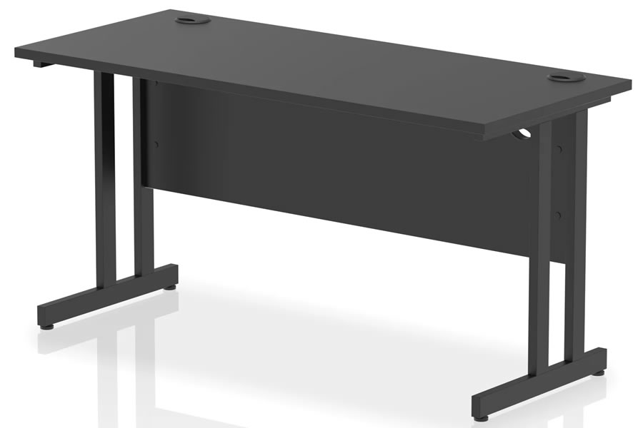 View Optima Black Rectangular Cantilever Office Desk 1400 x 600mm Wide Straight Office Desk Two Cable Management Access Points Black Cantilever Frame information