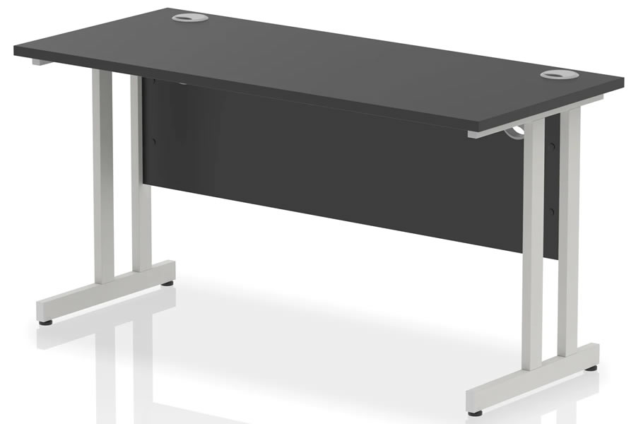View Optima Black Rectangular Cantilever Office Desk 1400 x 600mm Wide Straight Office Desk Two Cable Management Access Points Silver Cantilever Frame information
