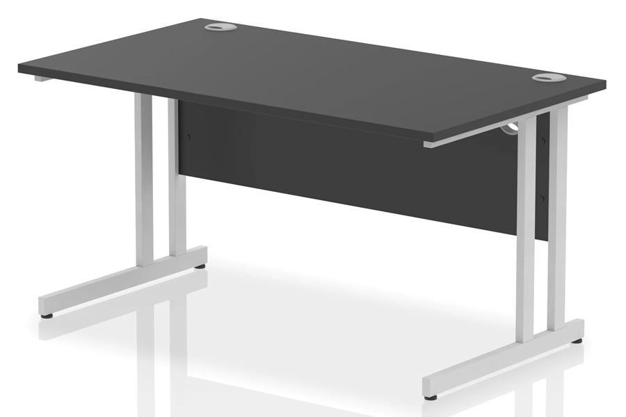 View Optima Black Rectangular Cantilever Office Desk 1400 x 800mm Wide Straight Office Desk Two Cable Management Access Points Silver Cantilever Frame information