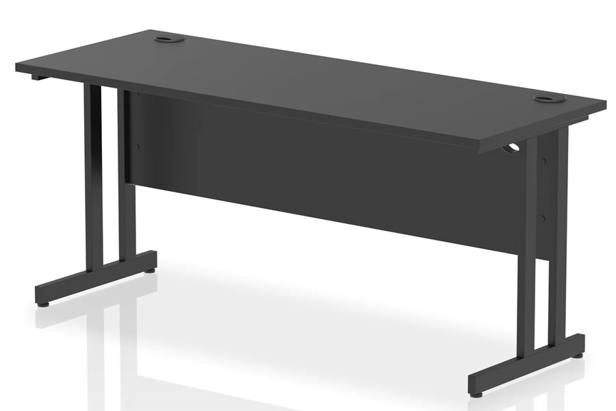 View Optima Black Rectangular Cantilever Office Desk 1600 x 600mm Wide Straight Office Desk Two Cable Management Access Points Black Cantilever Frame information