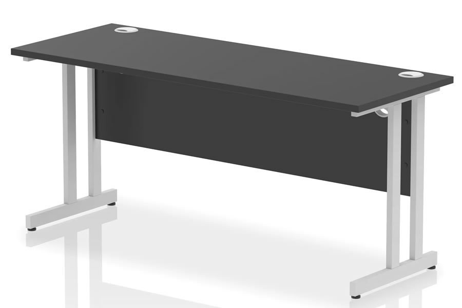 View Optima Black Rectangular Cantilever Office Desk 1600 x 600mm Wide Straight Office Desk Two Cable Management Access Points Silver Cantilever Frame information