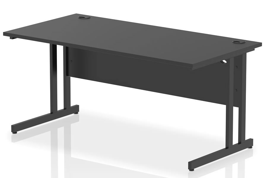 View Optima Black Rectangular Cantilever Office Desk 1600 x 800mm Wide Straight Office Desk Two Cable Management Access Points Black Cantilever Frame information