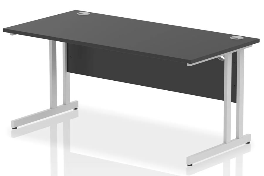 View Optima Black Rectangular Cantilever Office Desk 1600 x 800mm Wide Straight Office Desk Two Cable Management Access Points Silver Cantilever Frame information