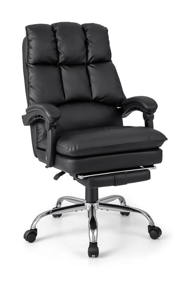View Marley Black PU Leather Executive Office Chair BuiltIn Retractable Footrest Fixed Arms Deeply Padded Seat Back Arms Weight Tested To 150kg information