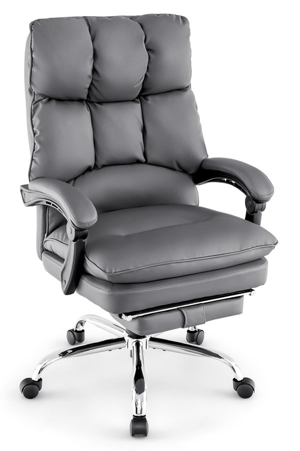 View Marley Grey PU Leather Executive Office Chair BuiltIn Retractable Footrest Fixed Arms Deeply Padded Seat Back Arms Weight Tested To 150kg information
