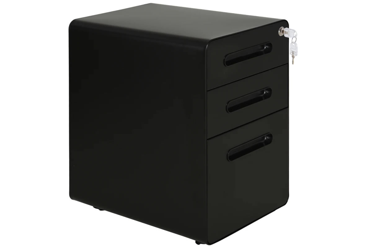 View Bletchley Steel Black Lockable 3 Drawer Office Mobile Pedestal on Wheels 2 Small Drawers 1 Large Bottom Drawer To Store Files Lock With 2 Keys information