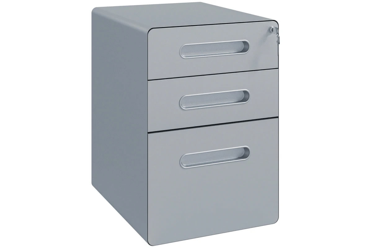 View Bletchley Steel Grey Lockable 3 Drawer Office Mobile Pedestal on Wheels 2 Small Drawers 1 Large Bottom Drawer To Store Files Lock With 2 Keys information