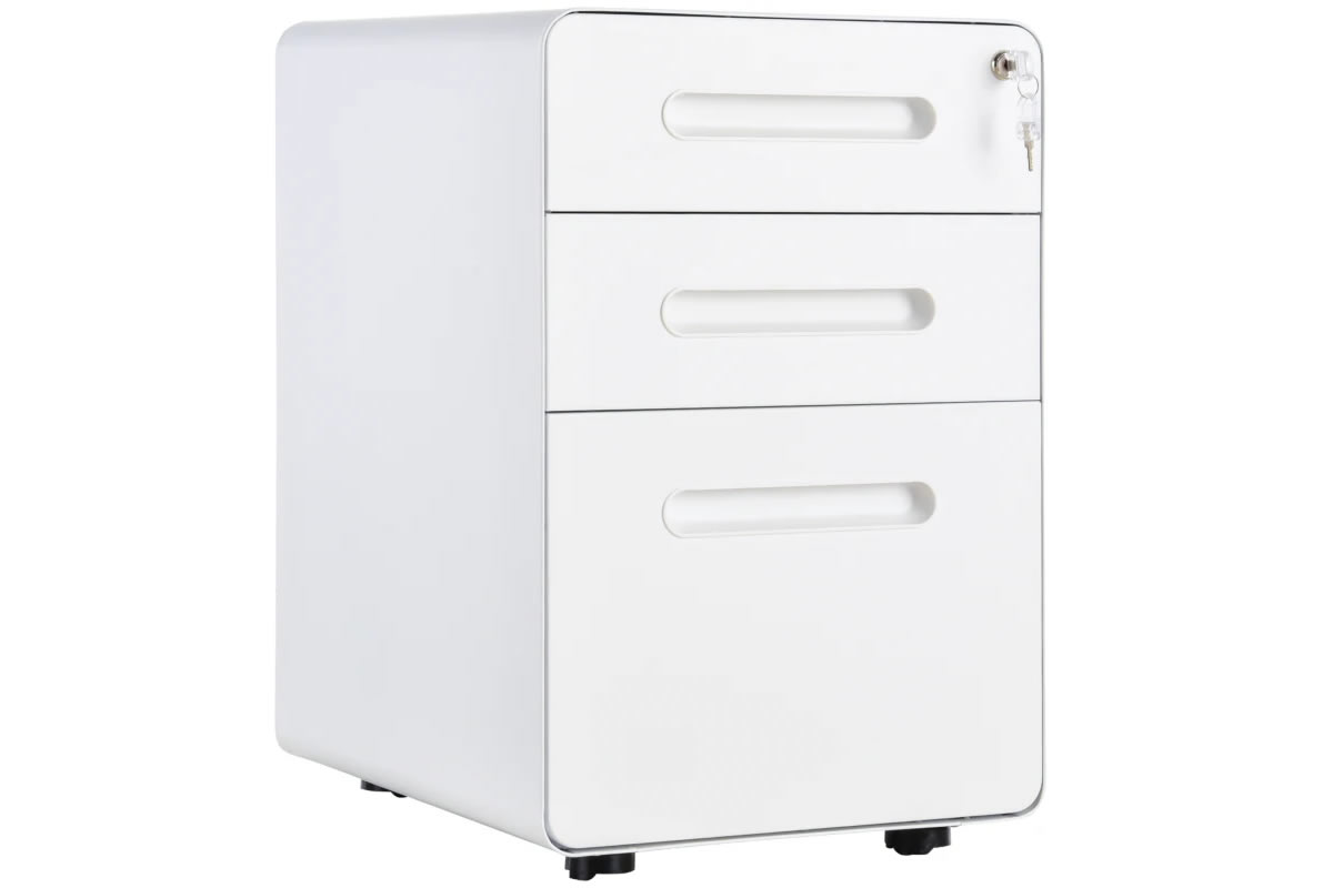 View Bletchley Steel White Lockable 3 Drawer Office Mobile Pedestal on Wheels 2 Small Drawers 1 Large Bottom Drawer To Store Files Lock With 2 Keys information