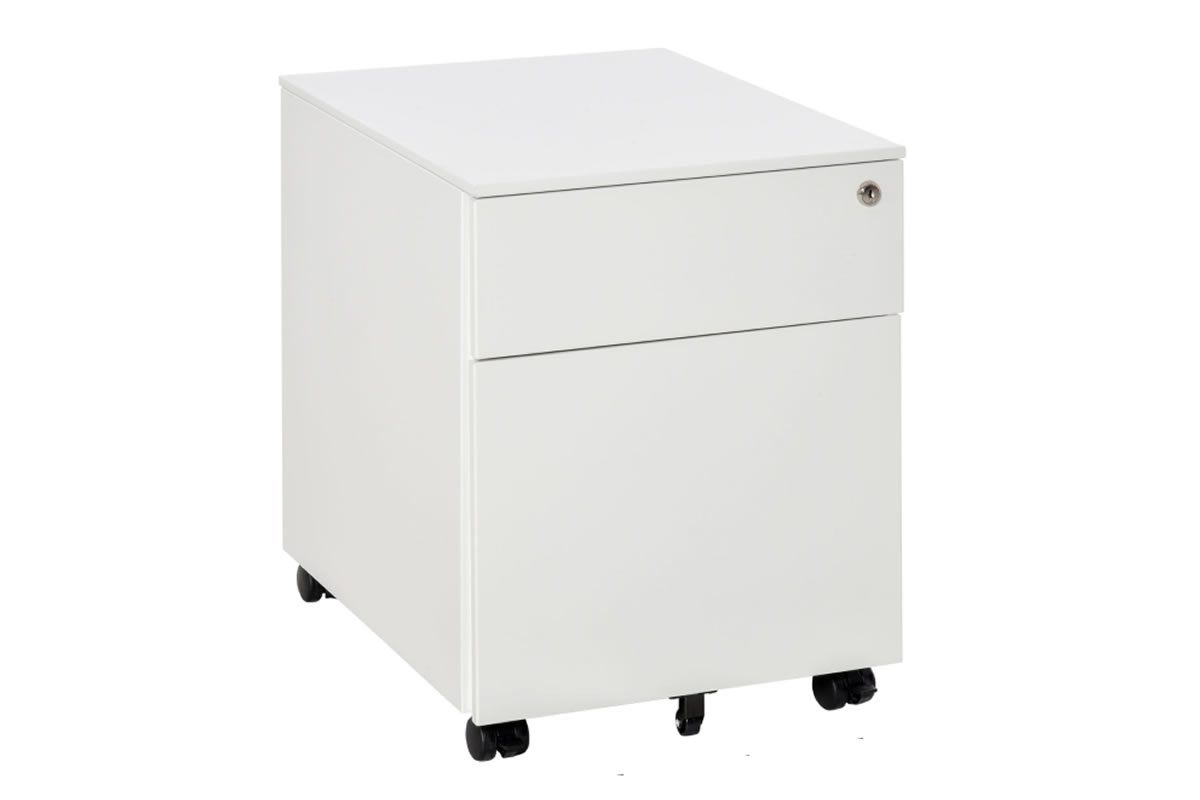 View Sky Steel White Lockable 2 Drawer Office Mobile Pedestal On Wheels Pencil Tray Hanging Bar For A4 Files Lock With 2 Keys 40kg Max Load information