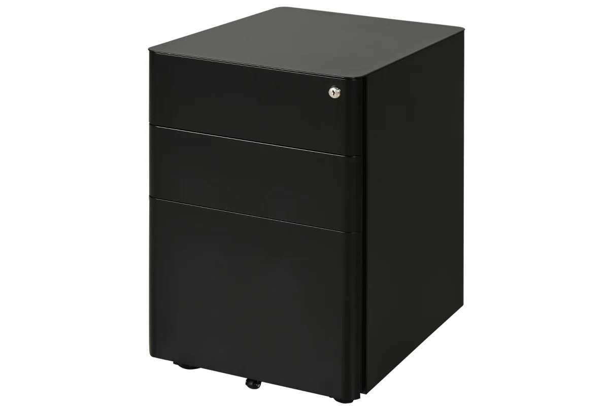 View Brackley Black Steel Lockable Home Office 3 Drawer Under Desk Mobile Pedestal On Wheels 2 Small Drawers 1 Large Drawer For Files Lock With 2 Key information
