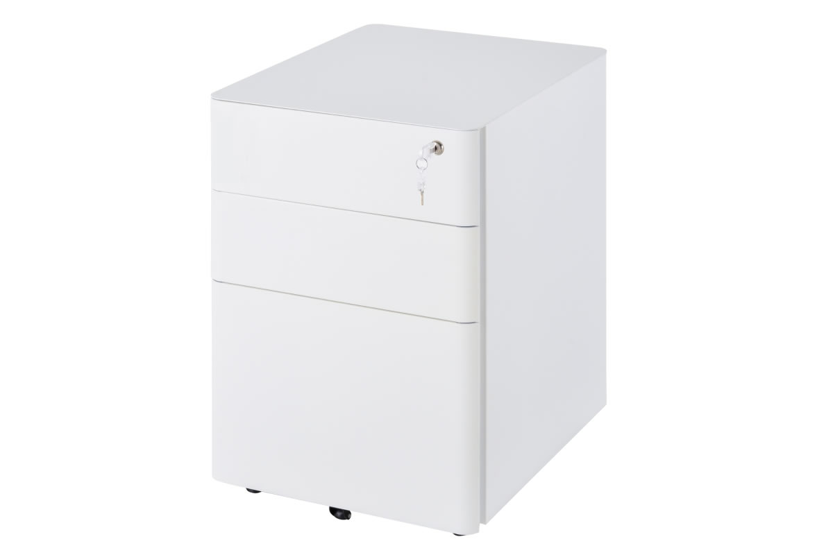 View Brackley White Steel Lockable Home Office 3 Drawer Under Desk Mobile Pedestal On Wheels 2 Small Drawers 1 Large Drawer For Files Lock With 2 Key information
