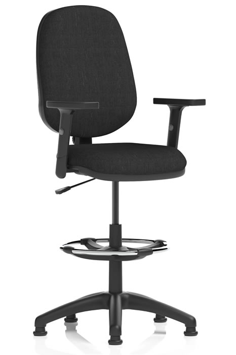 View Vantage Black Fabric Upholstered Draughtsman Operator Chair Height Adjustable Back Adjustable T Arm Seat Slide 3Year Guarantee information