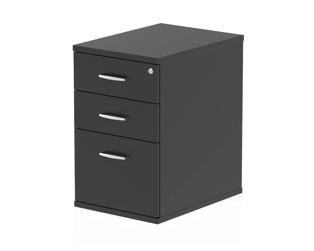 View Optima Black 60cm Deep 3Drawer Desk High Pedestal Locking Drawers A4 Foolscap Filing Steel Handles SelfLevelling Feet 5Year Guarantee information