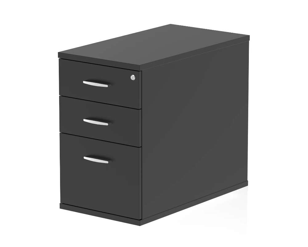 View Optima Black 80cm Deep 3Drawer Desk High Pedestal Locking Drawers A4 Foolscap Filing Steel Handles SelfLevelling Feet 5Year Guarantee information