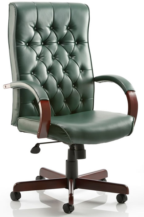 View Chesterfield Green Leather Executive Office Chair Traditional Buttoned Backrest Curved Padded Arms Reclining Seat Height Adjustment information