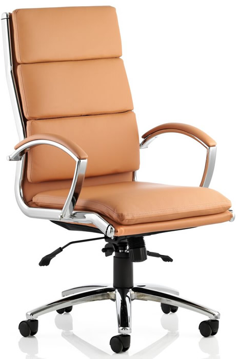View Tan High Back Brown Leather Office Chair Seat Height Adjustment Backrest Recline Chrome Loop Padded Armrests Base Classic information