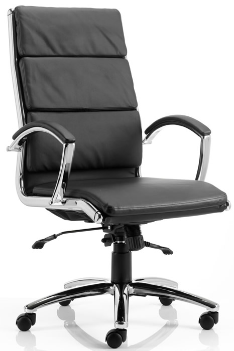 View High Back Modern Leather Chrome Office Chair Deeply Padded Seat Backrest Robust Chrome Frame Padded Chrome Arms Back Recline information