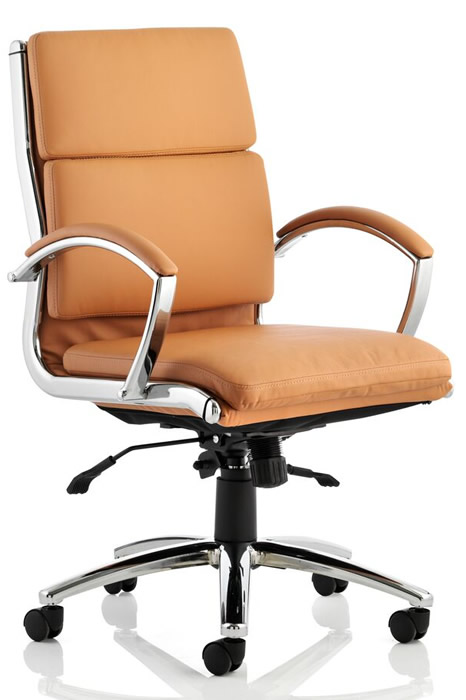 View Tan Medium Back Brown Leather Office Chair Seat Height Adjustment Backrest Recline Chrome Loop Padded Armrests Base Classic information