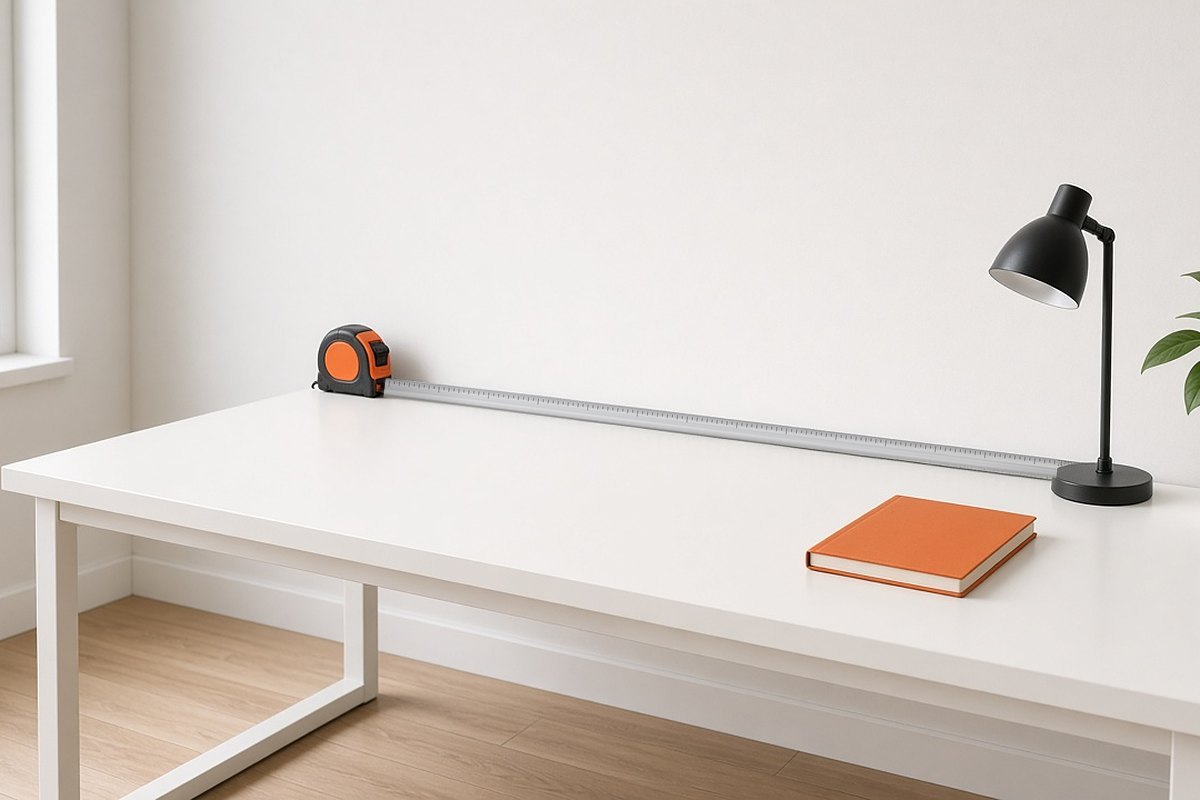 Tape measure along the back of a straight white desk against a wall