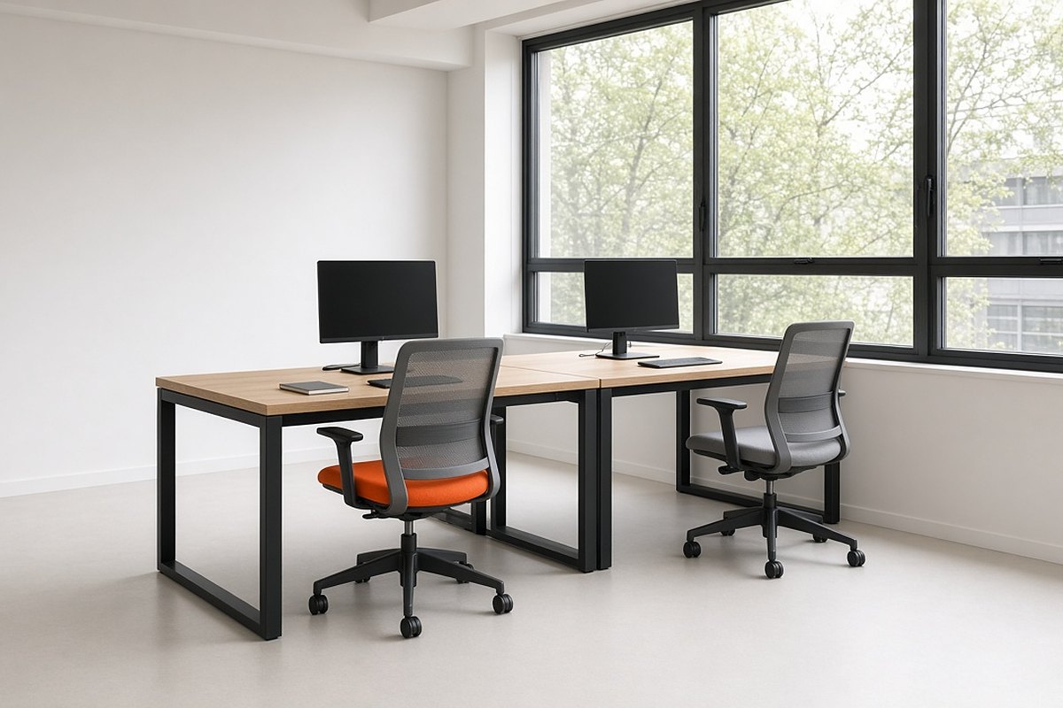 Two straight office desks set side by side in a row in a small shared office