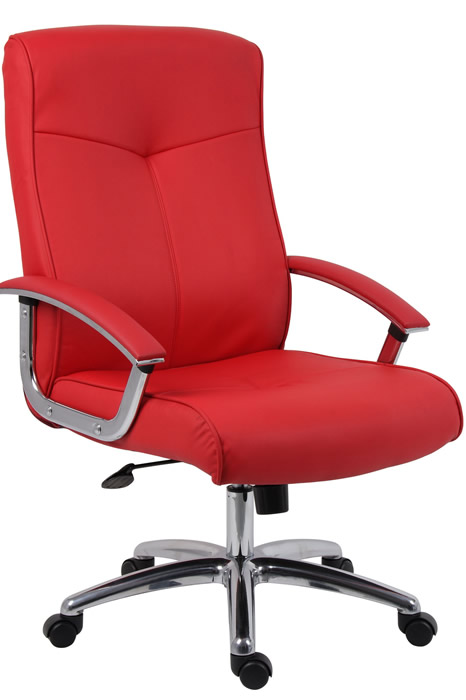 View Modern Red Leather Home Office Chair Chrome Arms With Red Padded Arm Pads Deeply Padded Seat Backrest Chrome Base With Easy Glide Wheels information