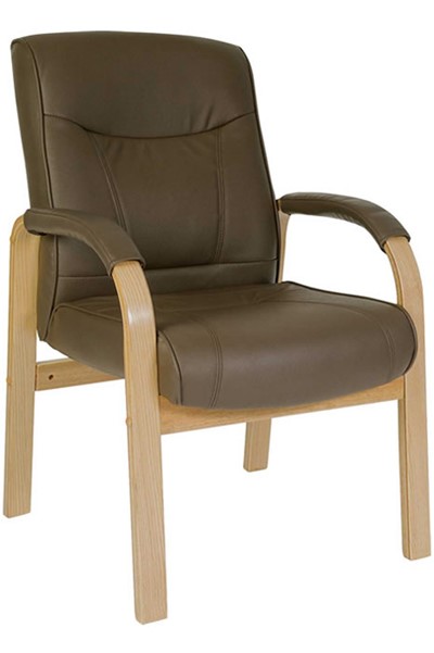Brown Leather Visitors Office Chair, Wooden Office Chair With Armrest