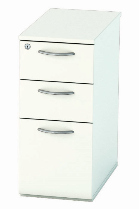 View White Narrow Under Desk Pedestal Storage Drawers Two Easy Glide Drawers One Deep Filing Drawer Silver Bow Handles Delivered Assembled information
