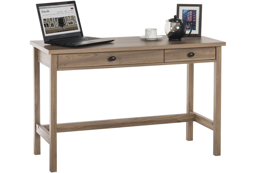 View Natural Oak Finish StudyHome Office Console Style Desk With Two Drawers Shaker Style Square Leg With Stretcher Frame Black Iron Pull Handles information