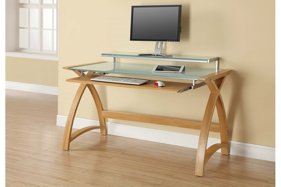 View Contemporary Oak Home Office Curved Workstation Computer Desk With Glass Top 130cm Width Oak Frame With Glass Frosted Desk Surface Jual information