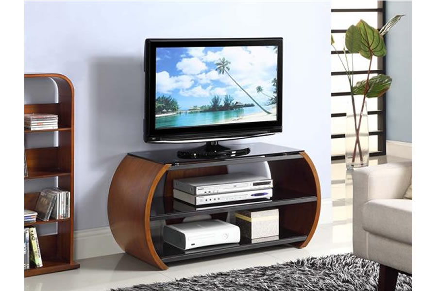 View Walnut Veneer Corner TV Stand Scandinavian Styled Wooden Coffee Table Curved Rounded Ends With Tapered Spindle Legs Open Storage Space Curve information