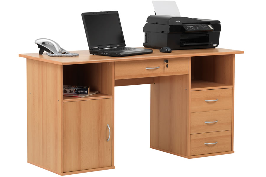 View Large Home Office Straight Desk With Storage Drawers Storage Cupboard Student Workstation PC Desk Beech Wood Finish Locking Drawer information
