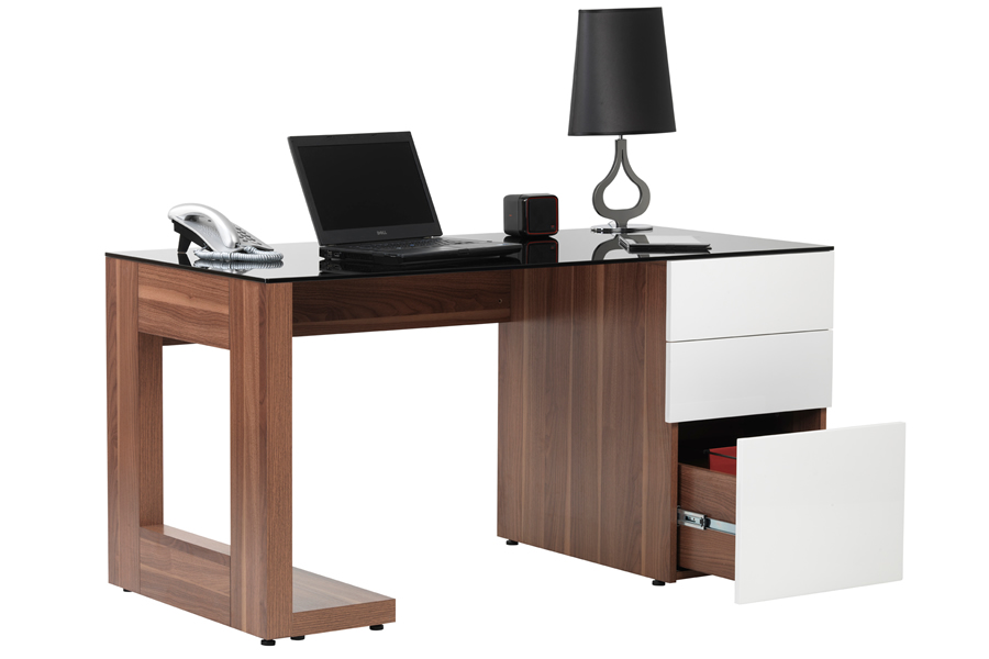 View Walnut Office Desk With Tempered Glass Top 3 Storage Drawers Sorbonne information