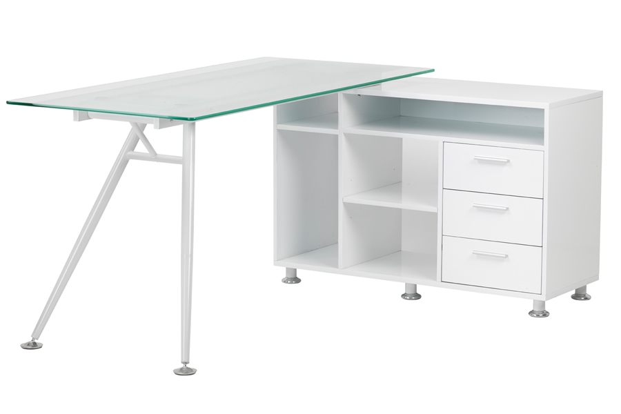 View Modern White Home Office Corner Workstation Storage Desk 3 Drawers Open Bookcase Glass Top Chrome Legs Augusta information