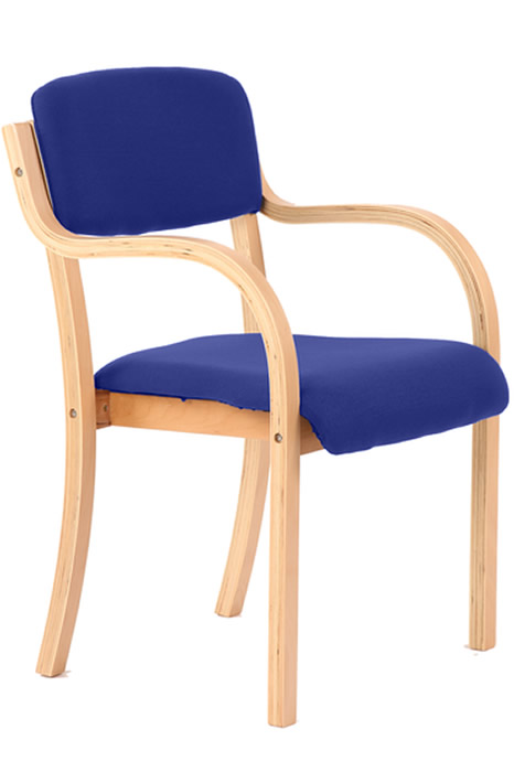 View Camden Blue Hardwood Reception Armchair Stackable Design Padded Seat Back Beech Wooden Frame Curved Arms 115kg Weight Capacity information