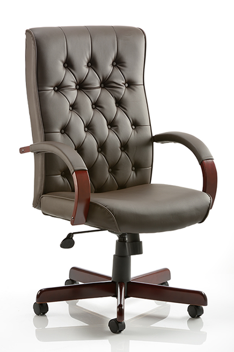 View Chesterfield Brown Leather Executive Office Chair Traditional Buttoned Backrest Curved Padded Arms Reclining Seat Height Adjustment information