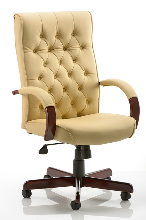 View Chesterfield Cream Leather Executive Office Chair Traditional Buttoned Backrest Curved Padded Arms Reclining Seat Height Adjustment information