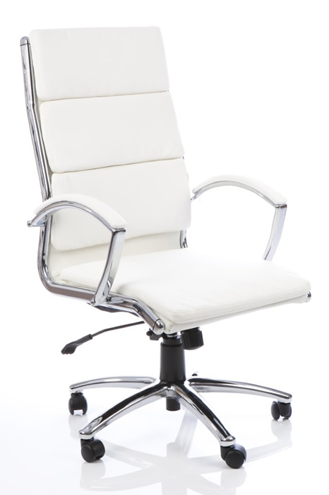 View Woolwich Modern High Back Executive White Leather Office Chair Deeply Padded Seat Back Cushions Robust Chrome Frame Chrome Padded Arms information