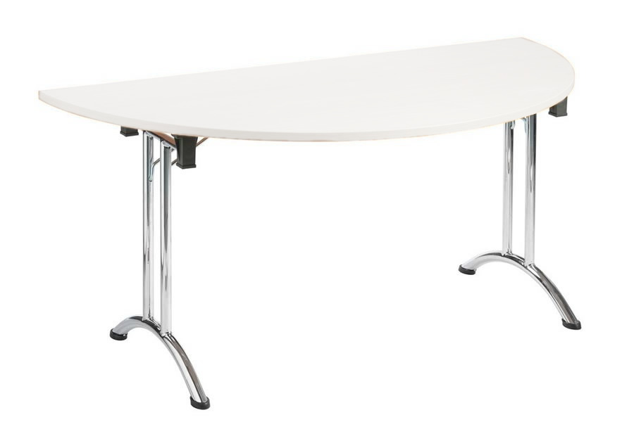 View White Semi Circular Office Meeting Table 25mm Scratch Resistant Top Chrome Steel Folding Legs For Easy Storage Levelling Feet Free Next Day De information
