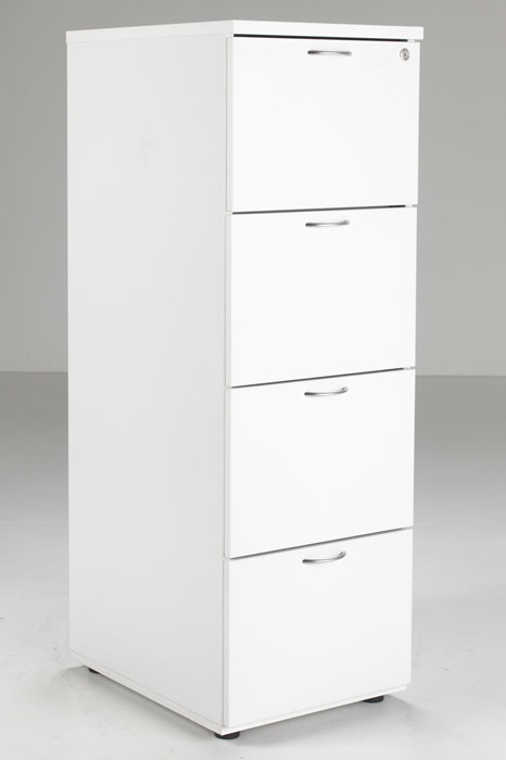 View White Wooden Four Drawer Filing Chest Cabinet Fully Extending Drawers Anti Tilt Mechanism Scratch Resistant Surface Silver Handle Kestral information