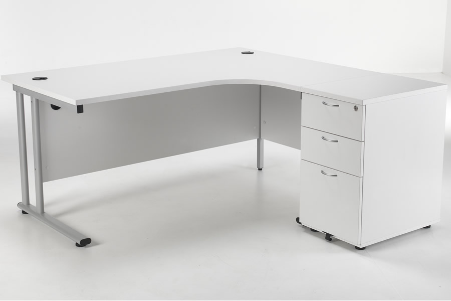 View White LShaped Corner Desk 3 Drawer Storage Pedestal 1600mm x 1200mm Right Handed White Steel Leg 25mm Top Surface 2 Cable Ports information