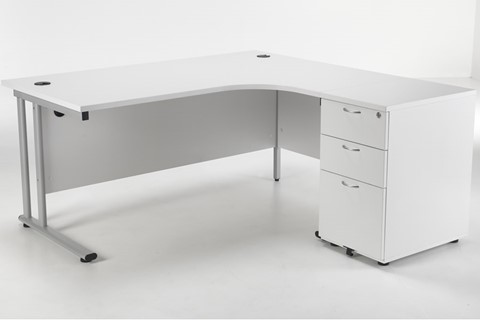 Kestral White Corner Desk And Pedestal - Right Handed Silver 1600mm