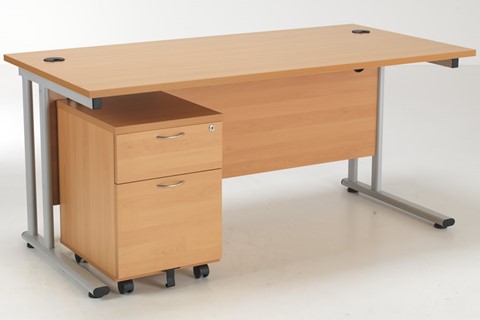 Kestral Beech Promo Desk And Pedestal - 1400mm 2 Drawer Option Silver