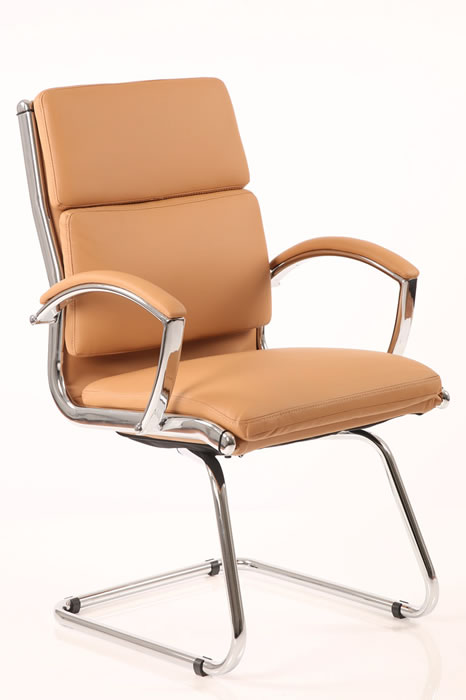 View Tan Faux Leather Visitor Reception Chair Deeply Padded Seat And back Cushion Chrome Cantilever Frame Chrome Padded Arms Gloucester information